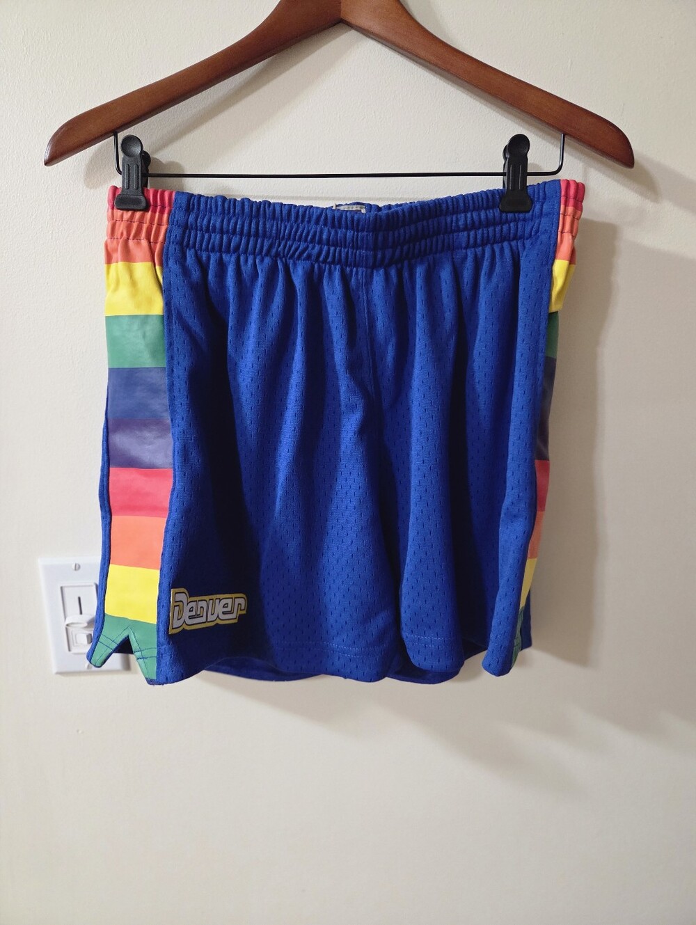 Denver Nuggets Blue Mesh Athletic Shorts with Rainbow Side Stripes